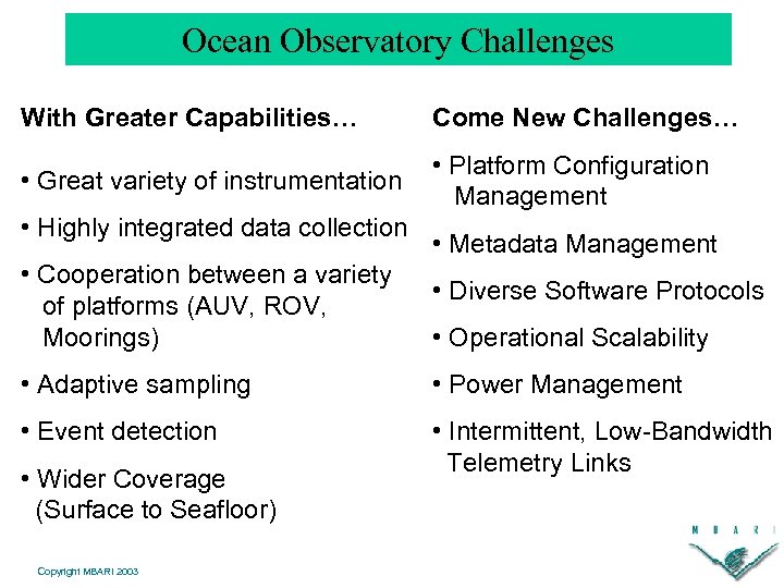 Ocean Observatory Challenges With Greater Capabilities… Come New Challenges… • Great variety of instrumentation