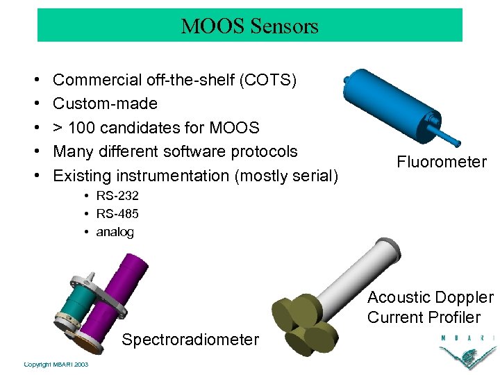 MOOS Sensors • • • Commercial off-the-shelf (COTS) Custom-made > 100 candidates for MOOS