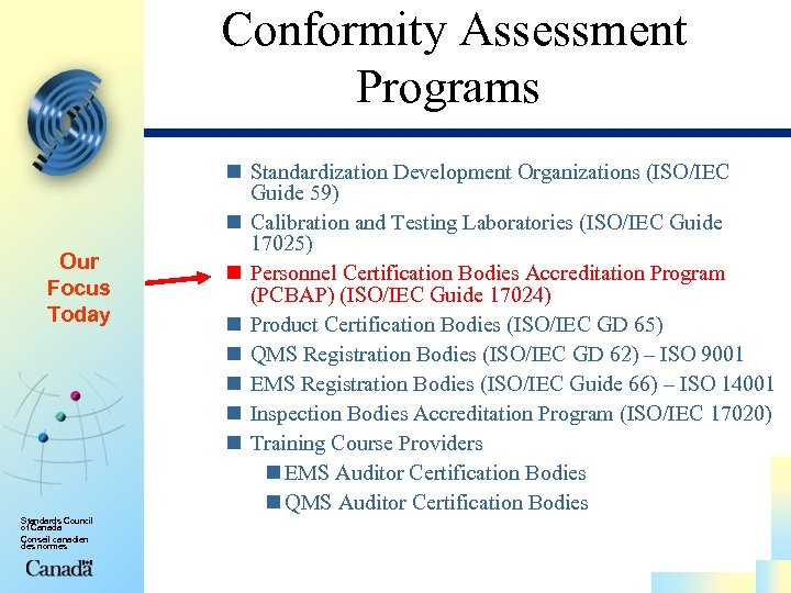 Conformity Assessment Programs Our Focus Today Standards Council of Canada Conseil canadien des normes