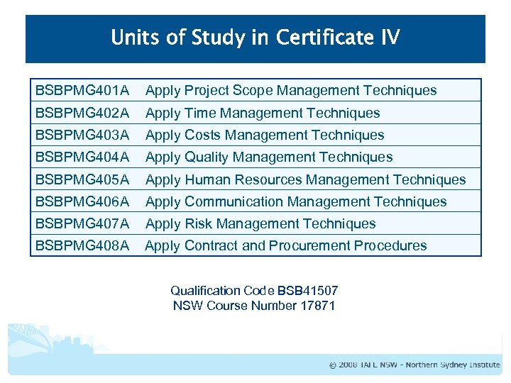 Units of Study in Certificate IV BSBPMG 401 A Apply Project Scope Management Techniques