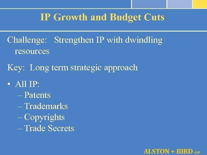 IP Growth and Budget Cuts Challenge: Strengthen IP with dwindling resources Key: Long term