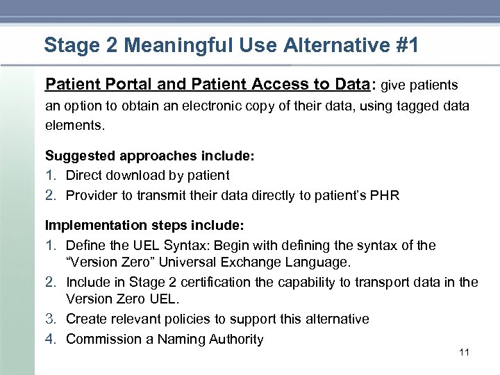 Stage 2 Meaningful Use Alternative #1 Patient Portal and Patient Access to Data: give