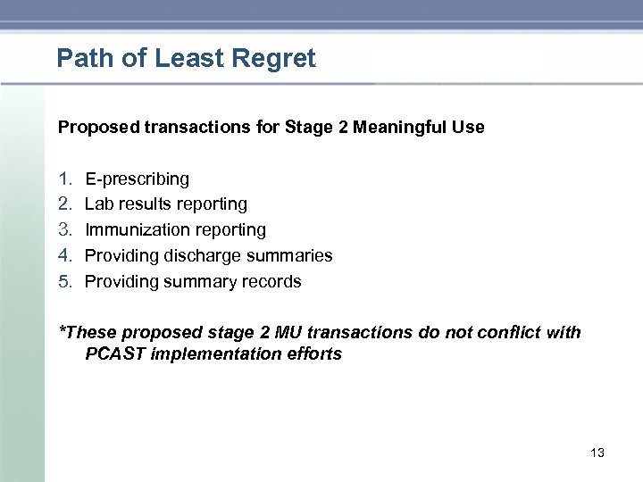 Path of Least Regret Proposed transactions for Stage 2 Meaningful Use 1. 2. 3.