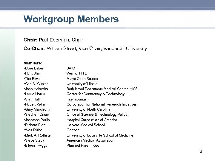 Workgroup Members Chair: Paul Egerman, Chair Co-Chair: William Stead, Vice Chair, Vanderbilt University Members: