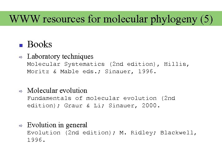 WWW resources for molecular phylogeny (5) Books ð Laboratory techniques Molecular Systematics (2 nd