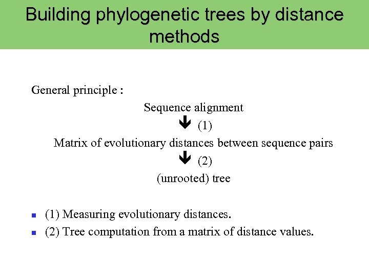 Building phylogenetic trees by distance methods General principle : Sequence alignment ê (1) Matrix