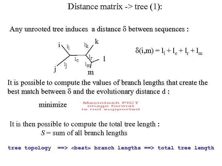 Distance matrix -> tree (1): Any unrooted tree induces a distance d between sequences