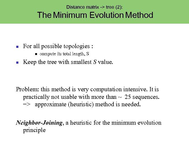 Distance matrix -> tree (2): The Minimum Evolution Method For all possible topologies :