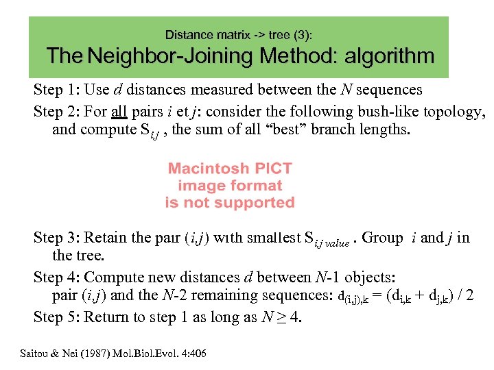 Distance matrix -> tree (3): The Neighbor-Joining Method: algorithm Step 1: Use d distances
