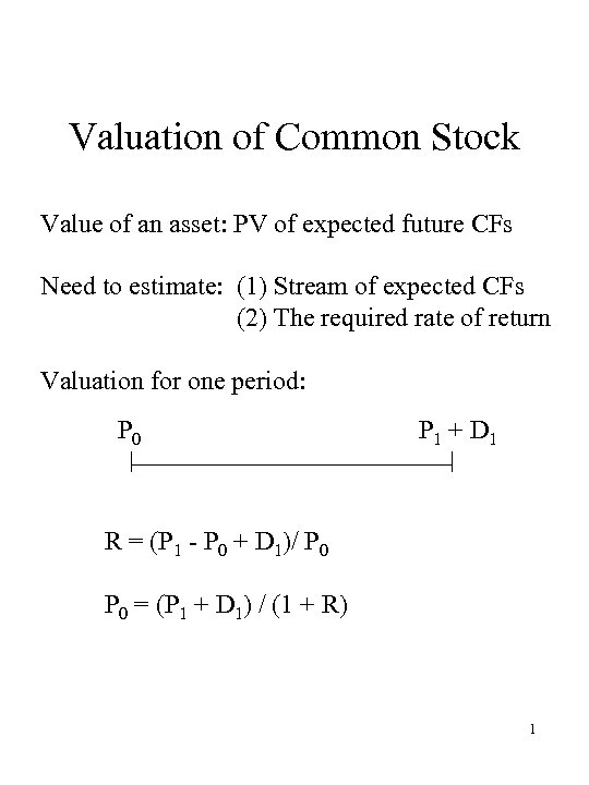 Valuation of Common Stock Value of an asset: PV of expected future CFs Need