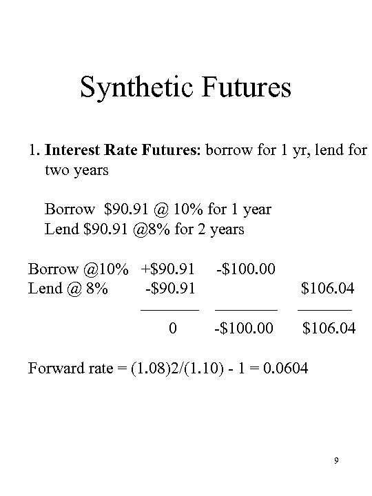 Synthetic Futures 1. Interest Rate Futures: borrow for 1 yr, lend for two years