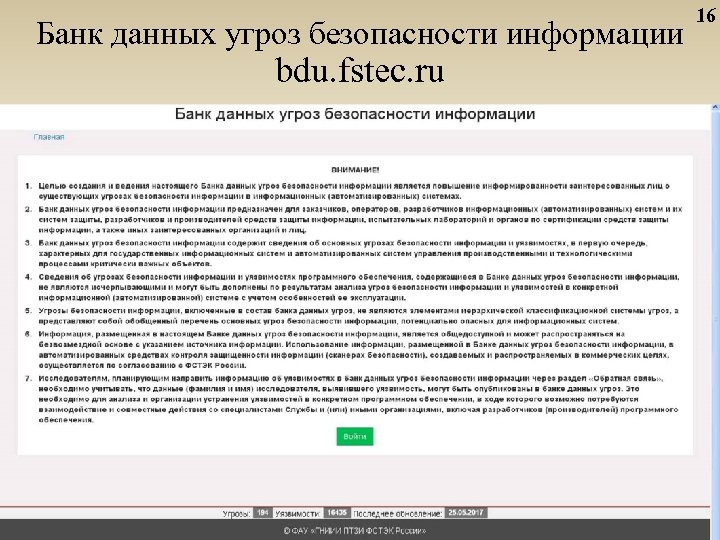 Банк данных угроз безопасности информации bdu. fstec. ru 16 16 