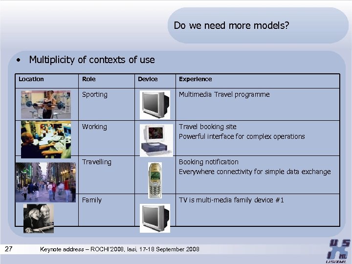 Do we need more models? • Multiplicity of contexts of use Location Role Device