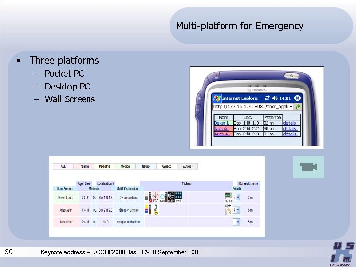 Multi-platform for Emergency • Three platforms – Pocket PC – Desktop PC – Wall