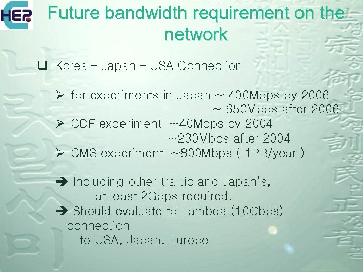 Future bandwidth requirement on the network q Korea – Japan – USA Connection Ø