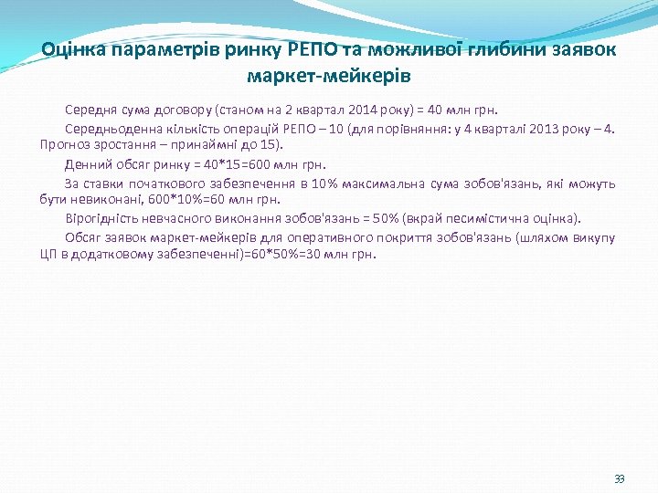 Оцінка параметрів ринку РЕПО та можливої глибини заявок маркет-мейкерів Середня сума договору (станом на