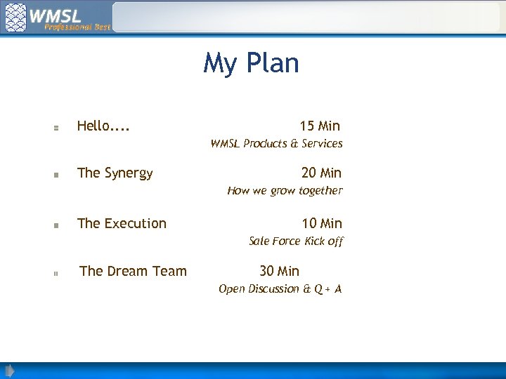 My Plan Hello. . 15 Min WMSL Products & Services The Synergy 20 Min