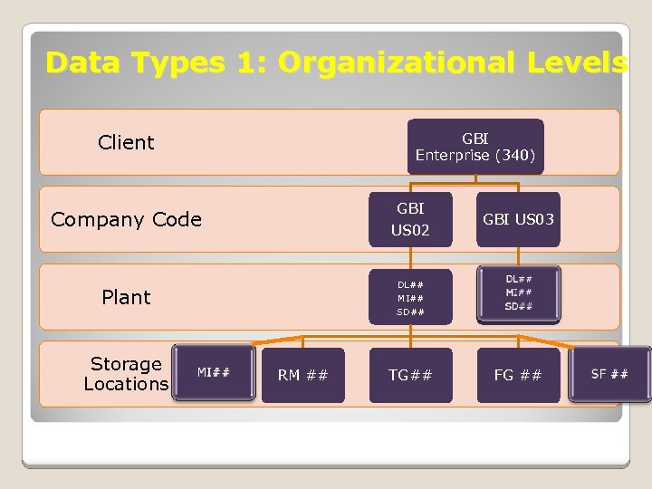 Data Types 1: Organizational Levels Client GBI Enterprise (340) Company Code GBI US 02