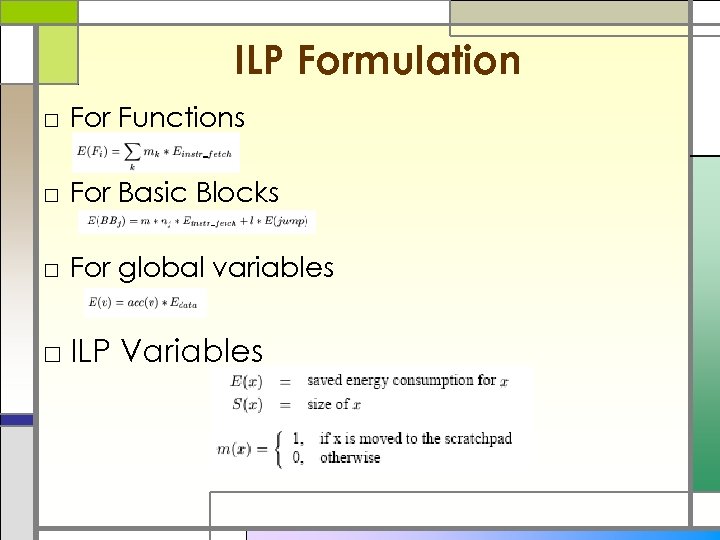 ILP Formulation □ For Functions □ For Basic Blocks □ For global variables □