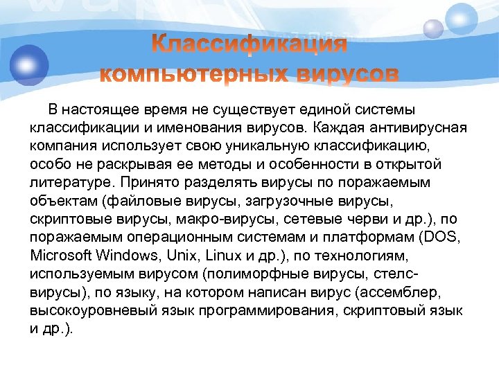 В настоящее время не существует единой системы классификации и именования вирусов. Каждая антивирусная компания