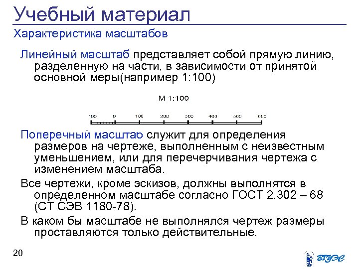 Учебный материал Характеристика масштабов Линейный масштаб представляет собой прямую линию, разделенную на части, в