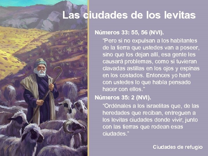 Las ciudades de los levitas Números 33: 55, 56 (NVI). “Pero si no expulsan