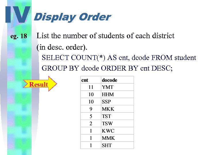 IV Display Order eg. 18 List the number of students of each district (in