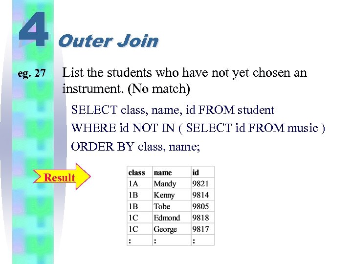 4 eg. 27 Outer Join List the students who have not yet chosen an