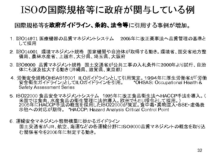 ISOの国際規格等に政府が関与している例 　　国際規格等を政府ガイドライン、条約、法令等に引用する事例が増加。 　１．ISO 14971 医療機器の品質マネジメントシステム　　2005年に改正薬事法へ品質管理の基準と して採用 　２．ISO 14001　環境マネジメント規格　国家機関や自治体が取得する動き。環境省、国交省地方整 備局、農林水産省、上越市、大分県、埼玉県、大阪府 　３．ISO 9000　品質マネジメント規格　国土交通省が公共 事の入札条件に 2000年より試行、自治 体にも波及拡大する動き（沖縄県、滋賀県、東京都）