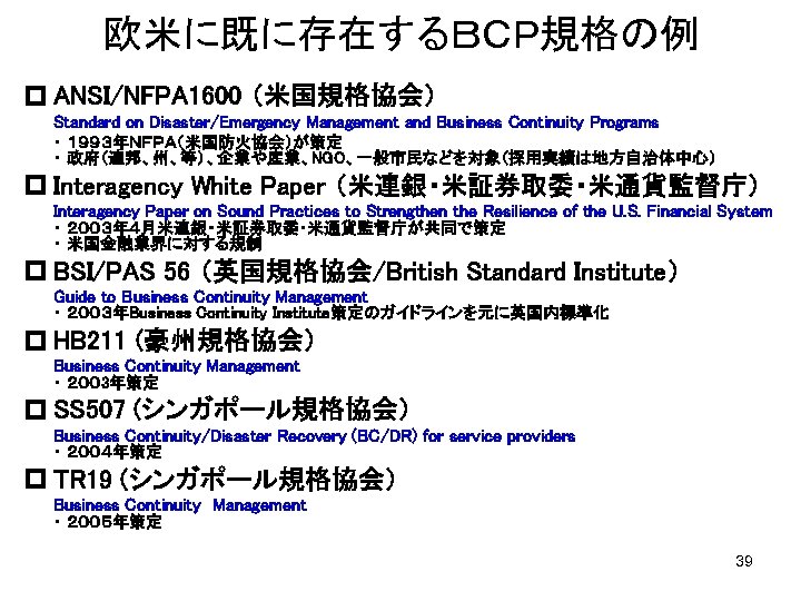 欧米に既に存在するＢＣＰ規格の例 p ANSI/NFPA 1600 （米国規格協会） Standard on Disaster/Emergency Management and Business Continuity Programs ・