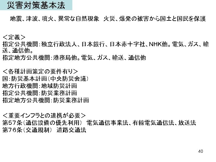 災害対策基本法 地震、津波、噴火、異常な自然現象　火災、爆発の被害から国土と国民を保護 ＜定義＞ 指定公共機関：独立行政法人、日本銀行、日本赤十字社、NHK他。電気、ガス、輸 送、通信他。 指定地方公共機関：港務局他。電気、ガス、輸送、通信他 ＜各種計画策定の要件有り＞ 国：防災基本計画（中央防災会議） 地方行政機関：地域防災計画 指定公共機関：防災業務計画 指定地方公共機関：防災業務計画 ＜重要インフラとの連携が必要＞ 第５７条（通信設備の優先利用）　電気通信事業法、有線電気通信法、放送法 第７６条（交通規制）　道路交通法