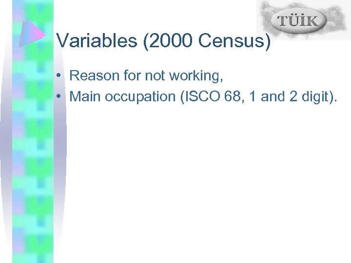 Variables (2000 Census) • Reason for not working, • Main occupation (ISCO 68, 1