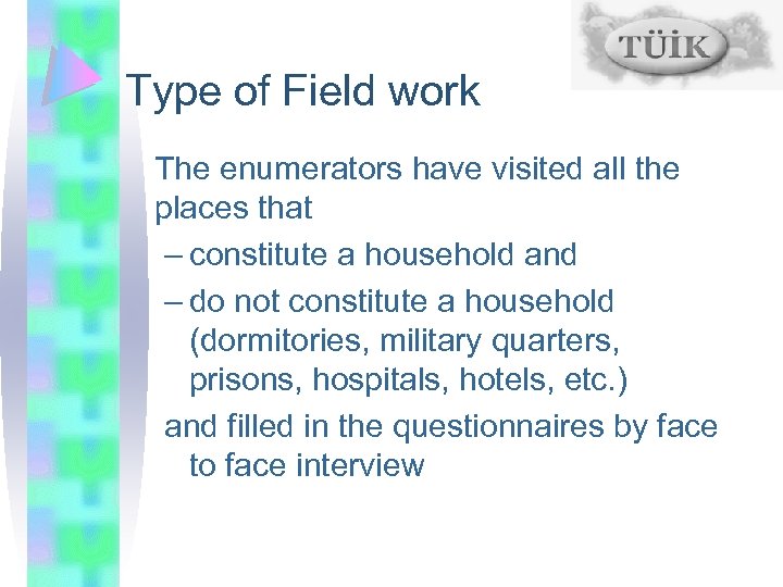 Type of Field work The enumerators have visited all the places that – constitute