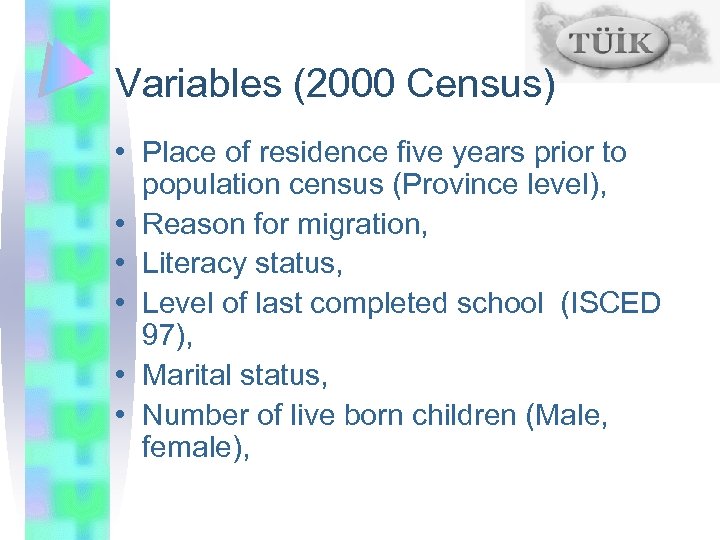 Variables (2000 Census) • Place of residence five years prior to population census (Province