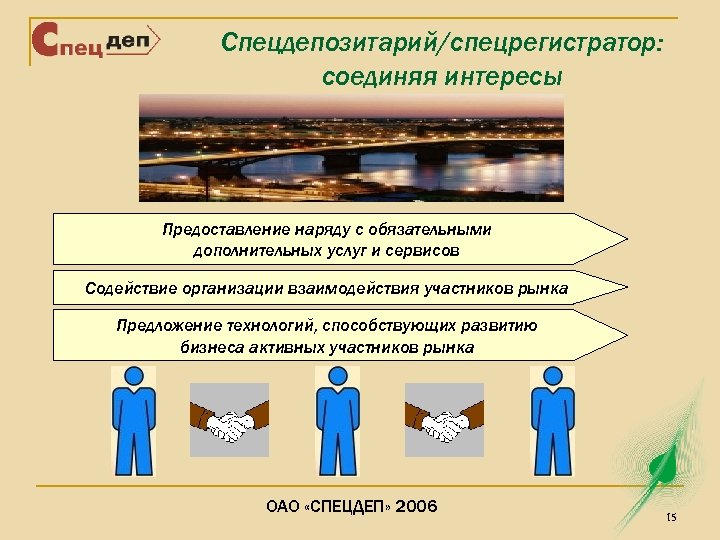 Спецдепозитарий/спецрегистратор: соединяя интересы Предоставление наряду с обязательными дополнительных услуг и сервисов Содействие организации взаимодействия