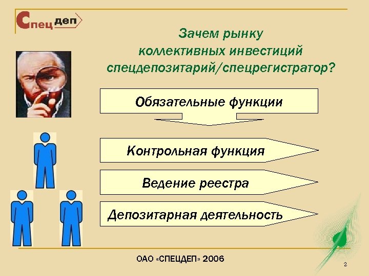 Зачем рынку коллективных инвестиций спецдепозитарий/спецрегистратор? Обязательные функции Контрольная функция Ведение реестра Депозитарная деятельность ОАО