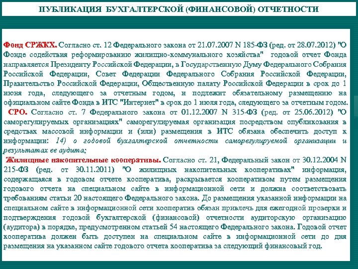 ПУБЛИКАЦИЯ БУХГАЛТЕРСКОЙ (ФИНАНСОВОЙ) ОТЧЕТНОСТИ Фонд СРЖКХ. Согласно ст. 12 Федерального закона от 21. 07.