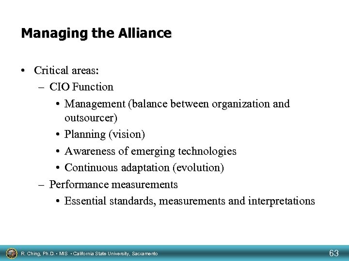Managing the Alliance • Critical areas: – CIO Function • Management (balance between organization