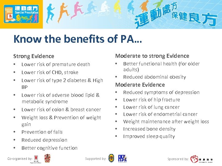 Know the benefits of PA… Moderate to strong Evidence Strong Evidence • • •