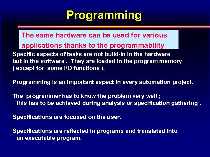 Programming The same hardware can be used for various applications thanks to the programmability
