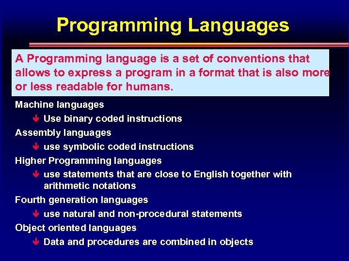 Programming Languages A Programming language is a set of conventions that allows to express