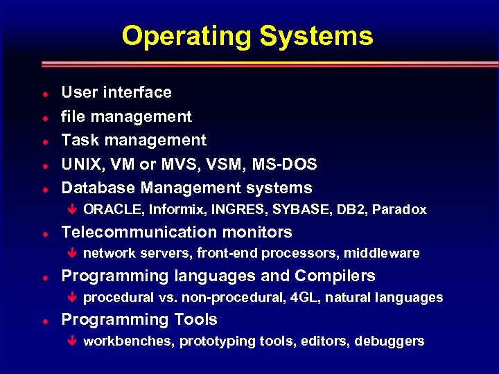 Operating Systems l l l User interface file management Task management UNIX, VM or