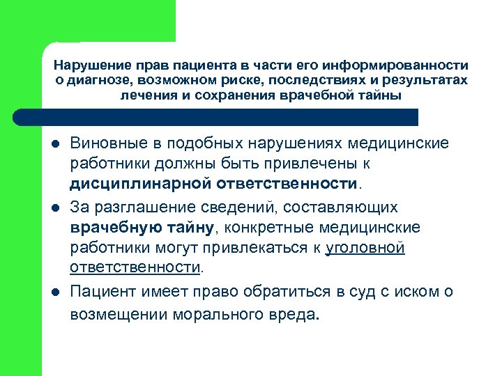 Нарушение прав пациента в части его информированности о диагнозе, возможном риске, последствиях и результатах