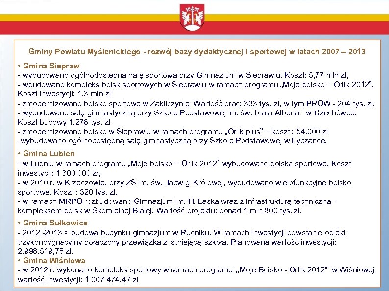 Gminy Powiatu Myślenickiego - rozwój bazy dydaktycznej i sportowej w latach 2007 – 2013