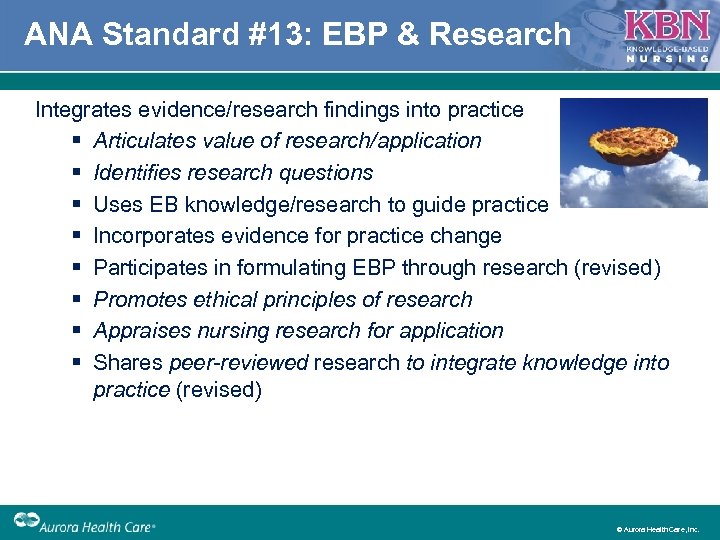ANA Standard #13: EBP & Research Integrates evidence/research findings into practice § Articulates value