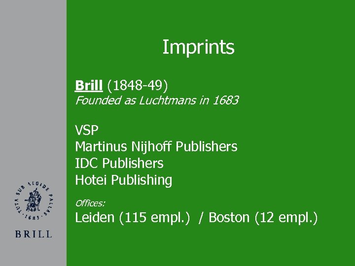 Imprints Brill (1848 -49) Founded as Luchtmans in 1683 VSP Martinus Nijhoff Publishers IDC