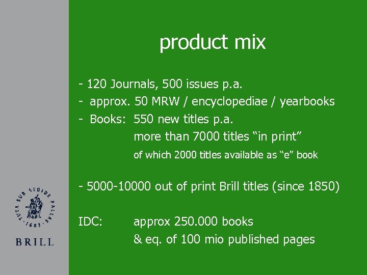 product mix - 120 Journals, 500 issues p. a. - approx. 50 MRW /