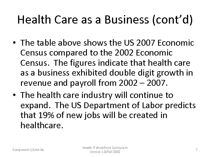 Health Care as a Business (cont’d) • The table above shows the US 2007