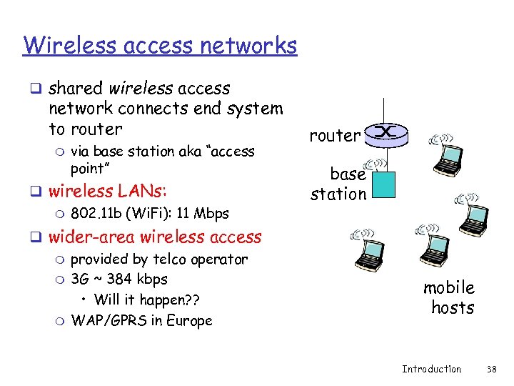 Wireless access networks q shared wireless access network connects end system to router m