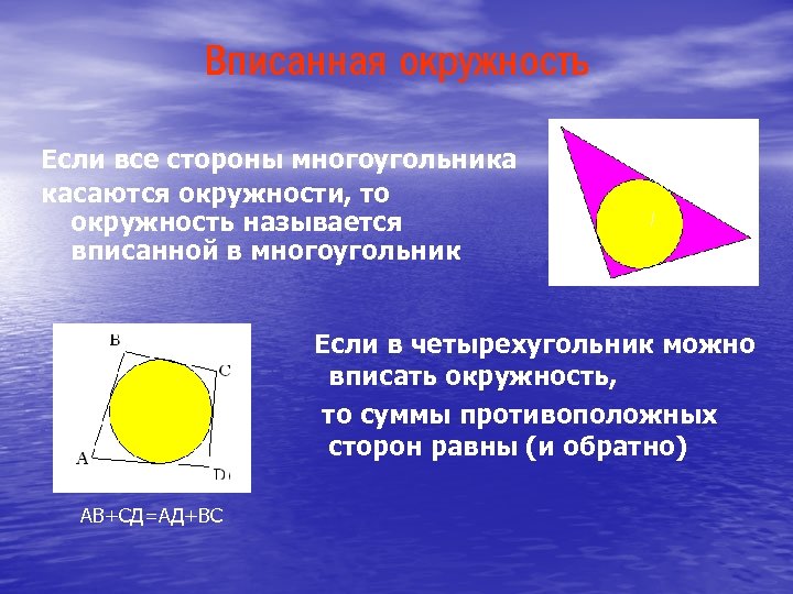 Вписанная окружность Если все стороны многоугольника касаются окружности, то окружность называется вписанной в многоугольник